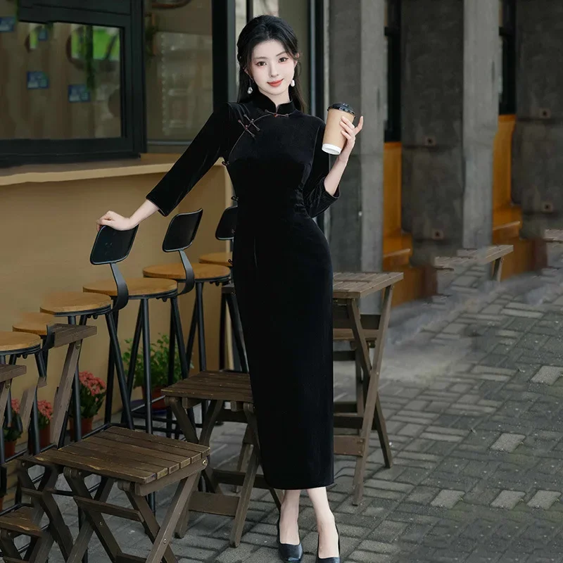 

Black Gold Velvet Chinese Long Style Improved Cheongsam Youthful Retro Slim Mid Sleeves Spring and Autumn Dress Qipao