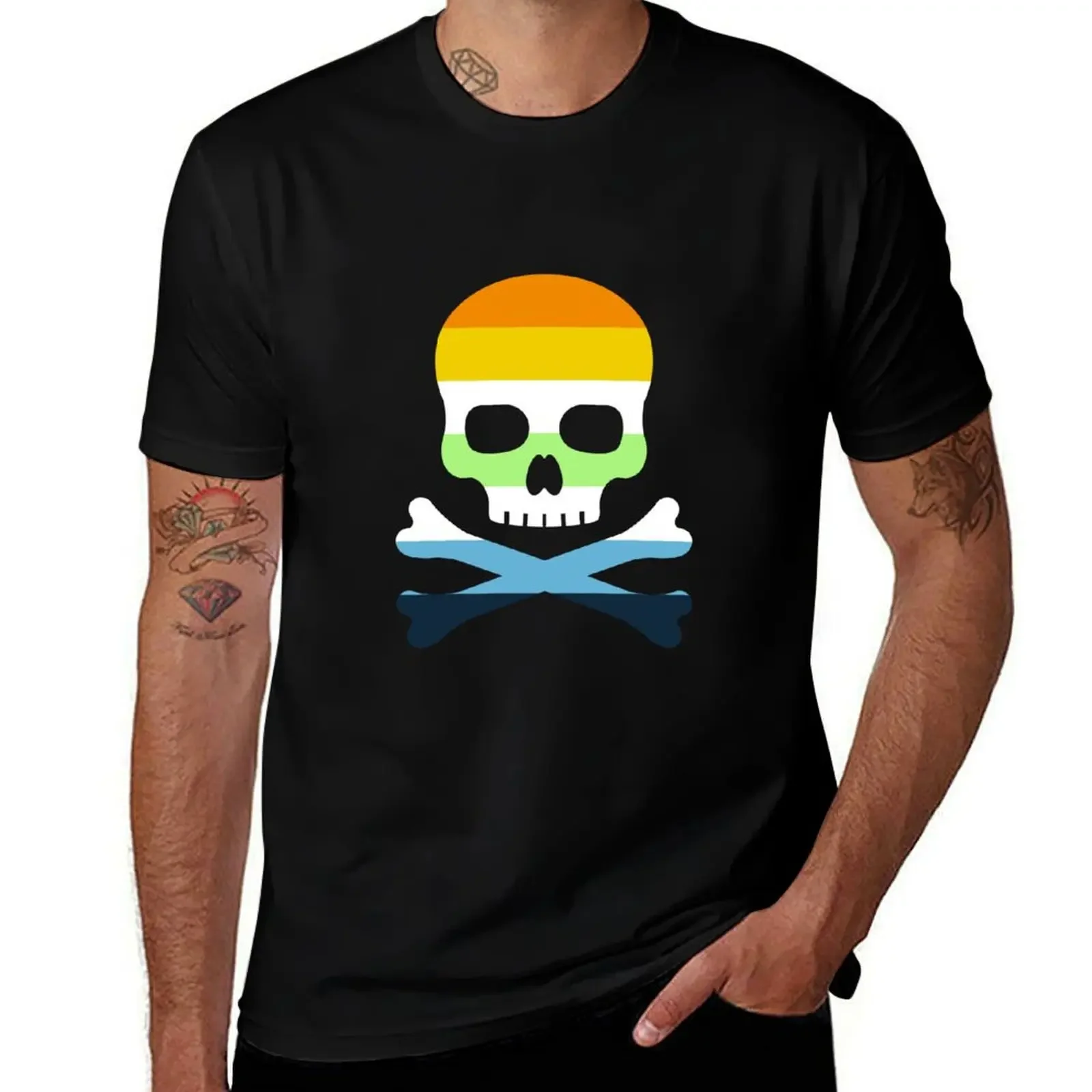 

Aroace Agender Pride Flag Coloured Skull and Bones T-Shirt street wear korean fashion man clothes Men's clothing