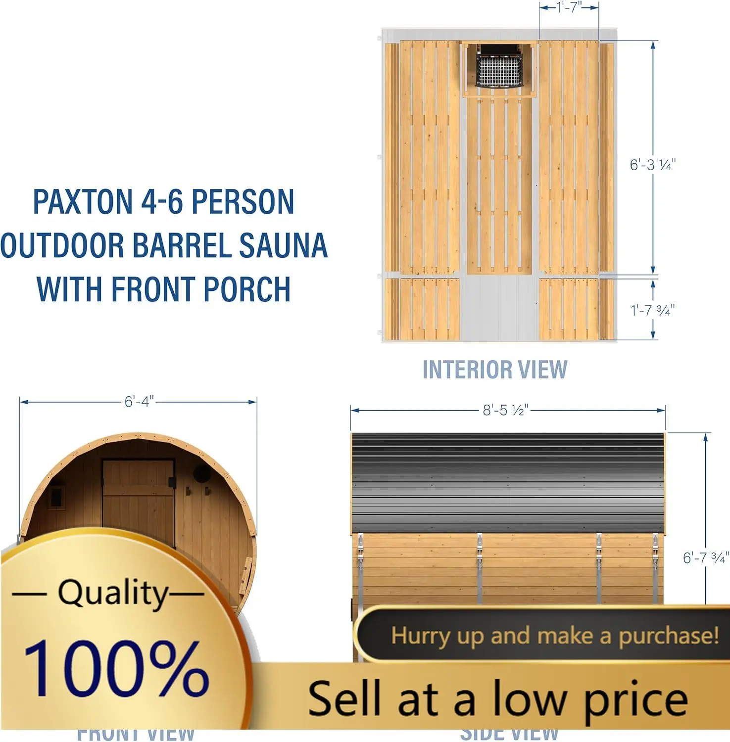 Paxton 4-6 Person Traditional Cedar Outdoor Barrel Sauna with Electric Sauna Heater, Front Porch, Sauna Rocks, Dry Heat, Steam S