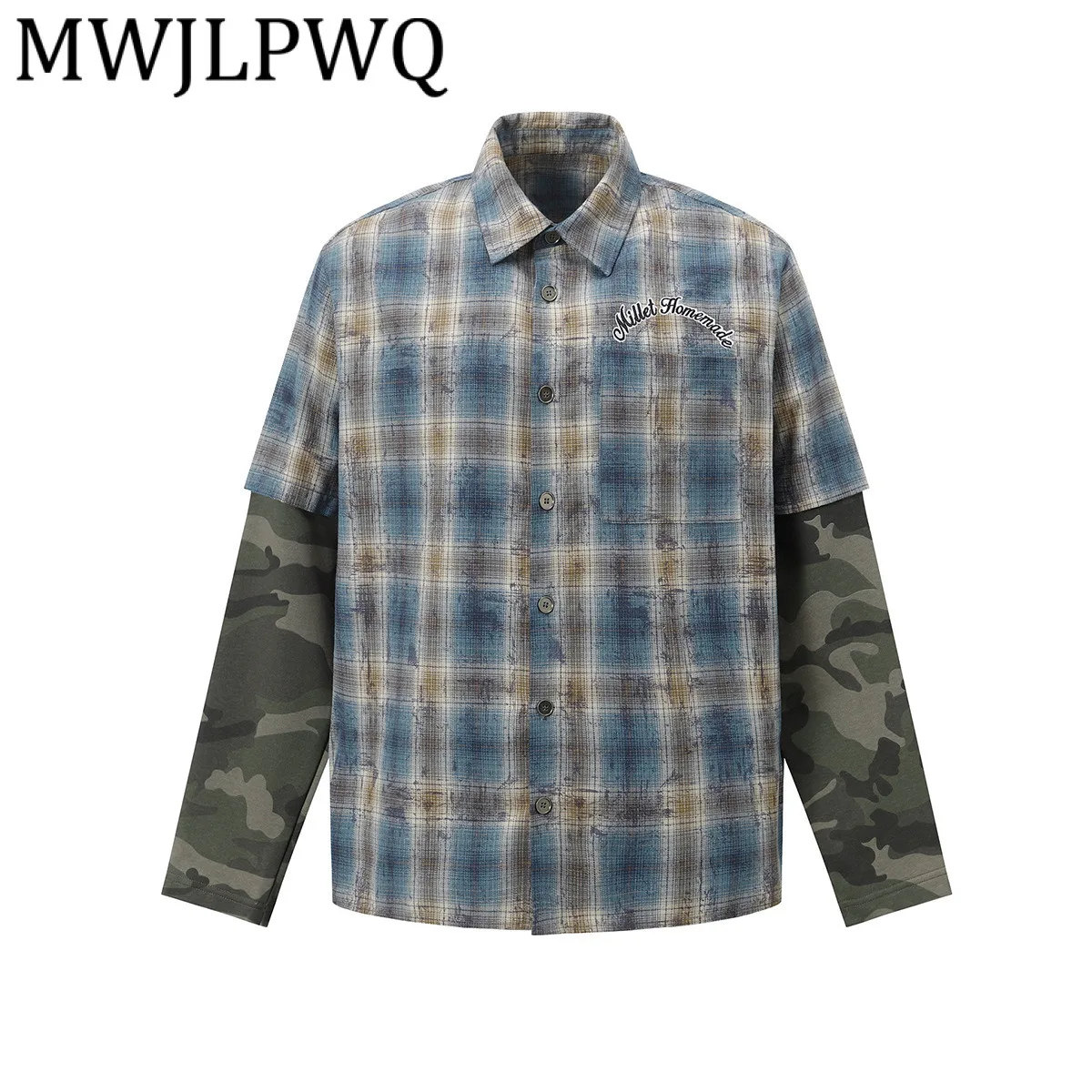 

MWJLPWQ Fake Two-Piece Plaid Design Shirt Men's High Street Lapel Long Sleeve Camouflage American Cleanfit Top 2025 Autumn 21307