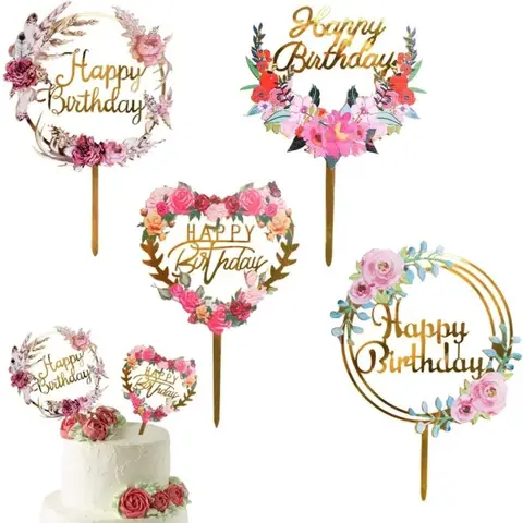 4 Pieces Happy Birthday Cake Toppers, Gold Flower Acrylic Cupcake Toppers for Birthday Parties, Anniversaries & Pastry Decor