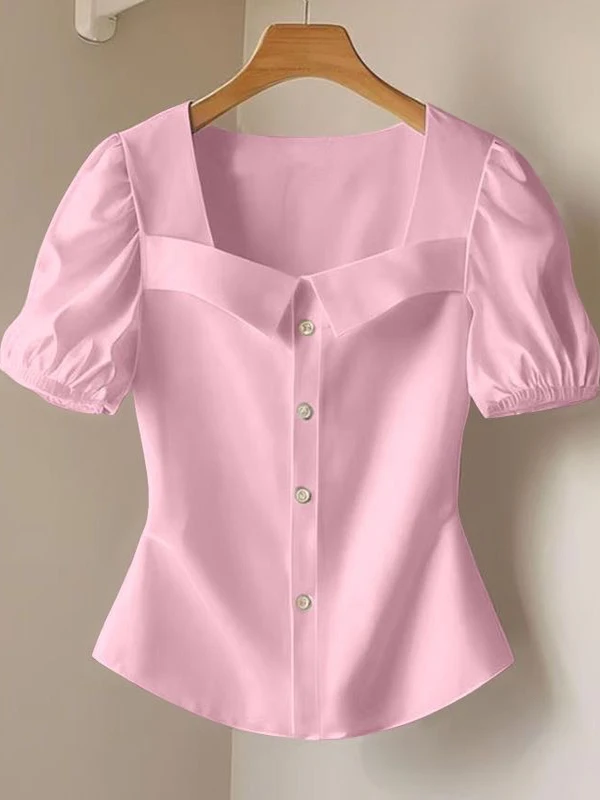 Rosa ort Sve irt Mujer Verano Nuevo Diseño Sensation Cintura Acuplada Cuello Cuadrado Top Commute Sle Bubble Sve Regu...