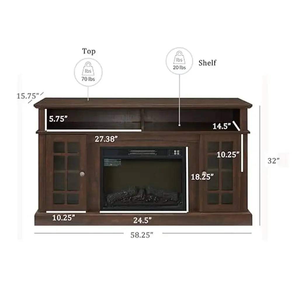 Rustic Electric Fireplace TV Stand Entertainment Center Console 70 Inch Flame Effect Infrared Control System Brown Wood Design