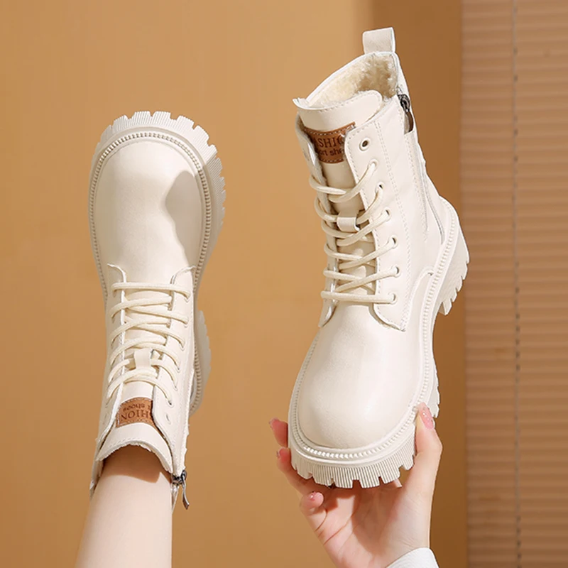 Warm Short Plush Pu Leather Ankle Boots Women Autumn Winter Platform Combat Boots Woman Thick Sole Zipper Lace Up Botas Mujer image 4