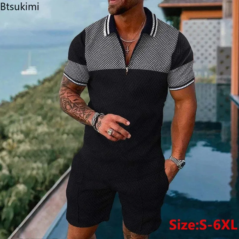 

2025 Men's Summer Casual Tracksuit Sets Short Sleeve Polo Shirt and Shorts Print Zip Lapel T-shirt Shorts 2PCS Shorts Sets Men
