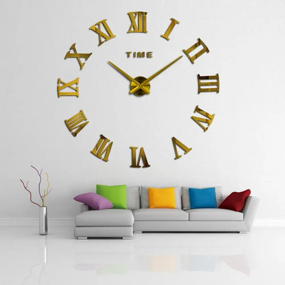 Silent DIY Wall Clock 3D Roman Numerals Large Mirror Surface Sticker Decorative Art For Living Room Office Modern Home Design