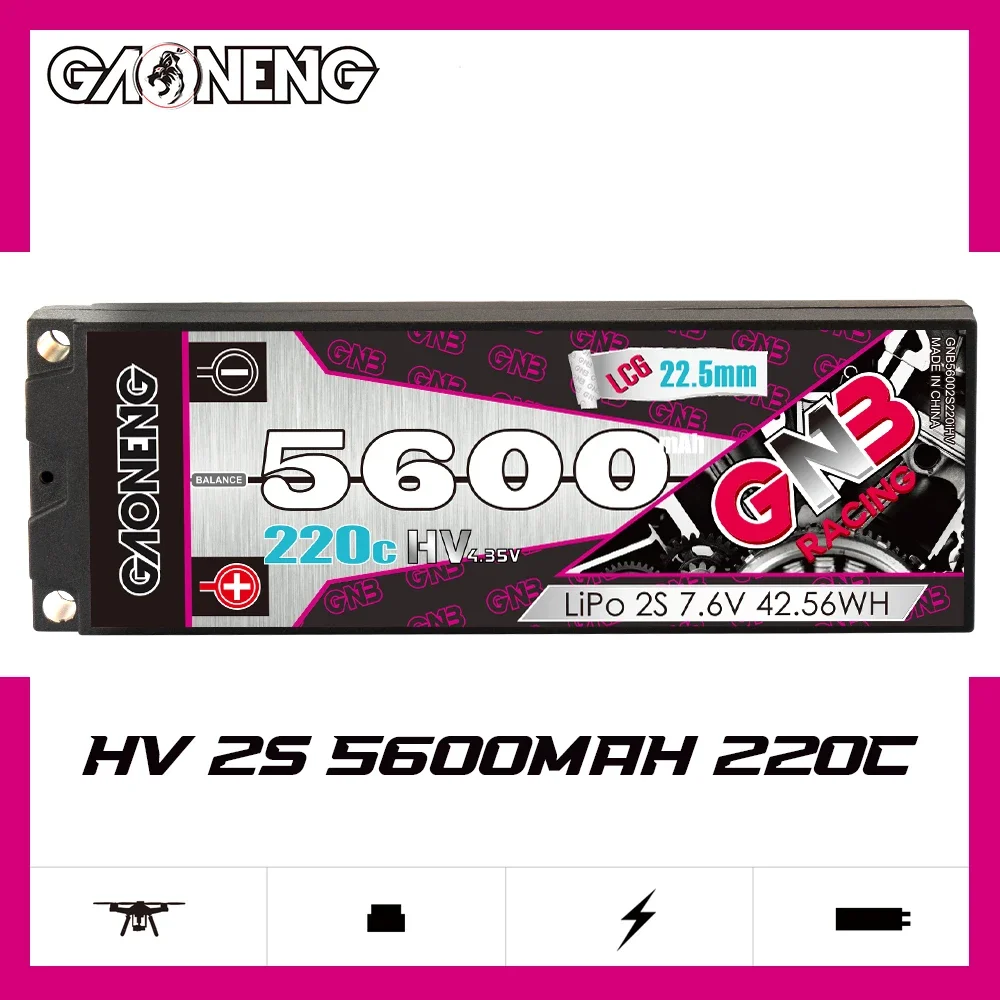 

GAONENG GNB 5600mAh HV 2S 220C 440C 7.6V LCG 5mm Built-in Bullet Hard Case LiPo Battery 1/10 1/8 Touring Car