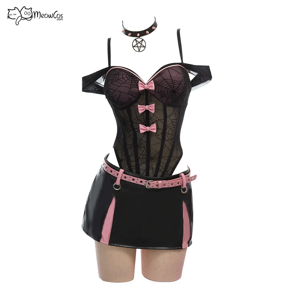 

MEOWCOS Women Gothic Black Pink Sexy Lingerie Set Dark Style Bowknot V-Neck See-Through Spiderweb Bodysuit with Skirt Belt
