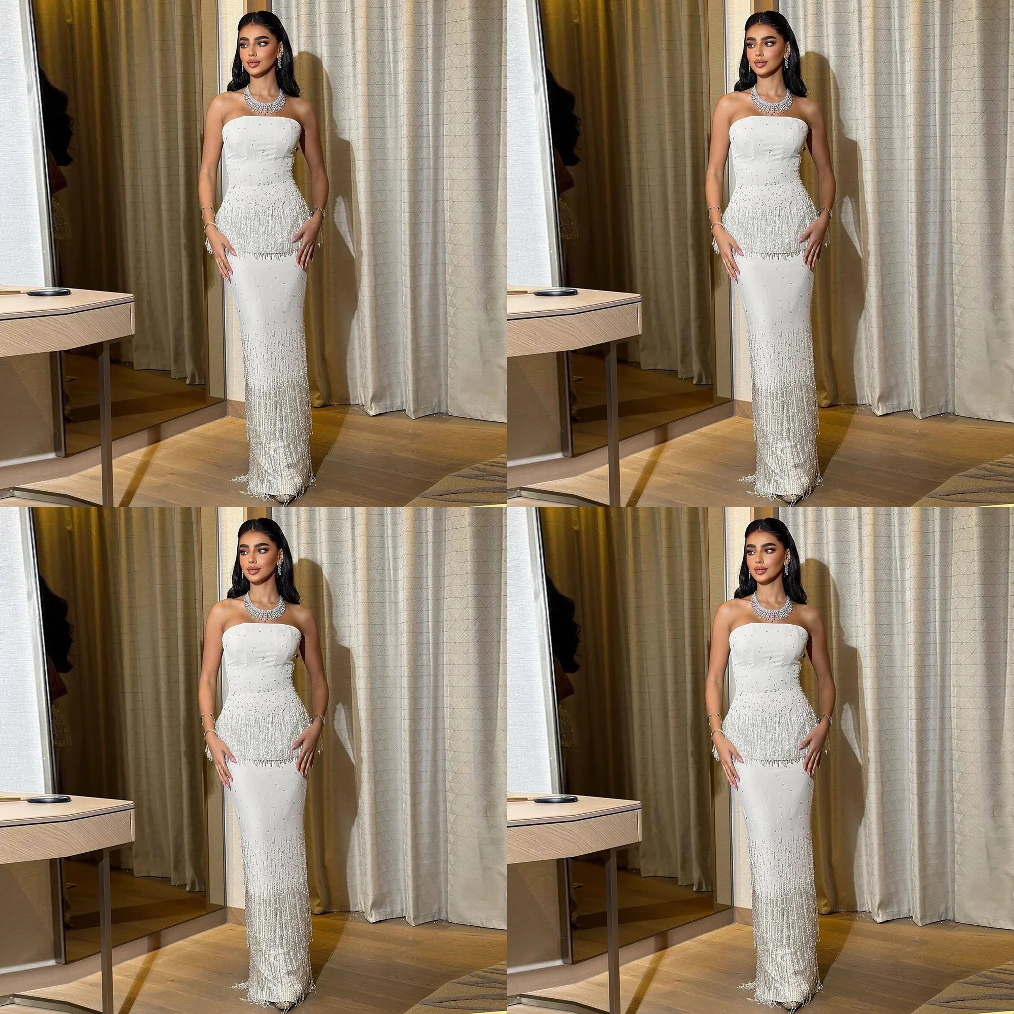 Платье de Изысканное женское атласное вечернее платье без бретелек с бисером и открытой спиной длиной до пола, блестящее арабское платье по индивидуальному заказу