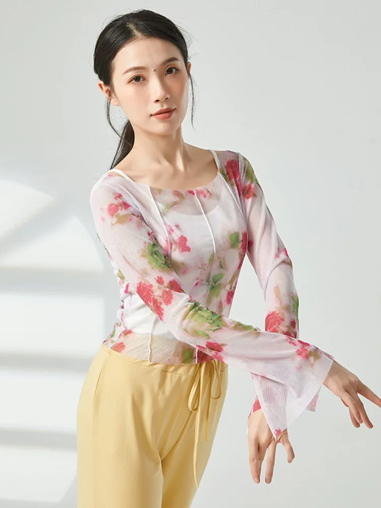 Floral Mesh Long Sleeve Dance Top Women Slim Fit Round Neck Modern Dancewear Stage Performance Costume Ballet Practice Shirt
