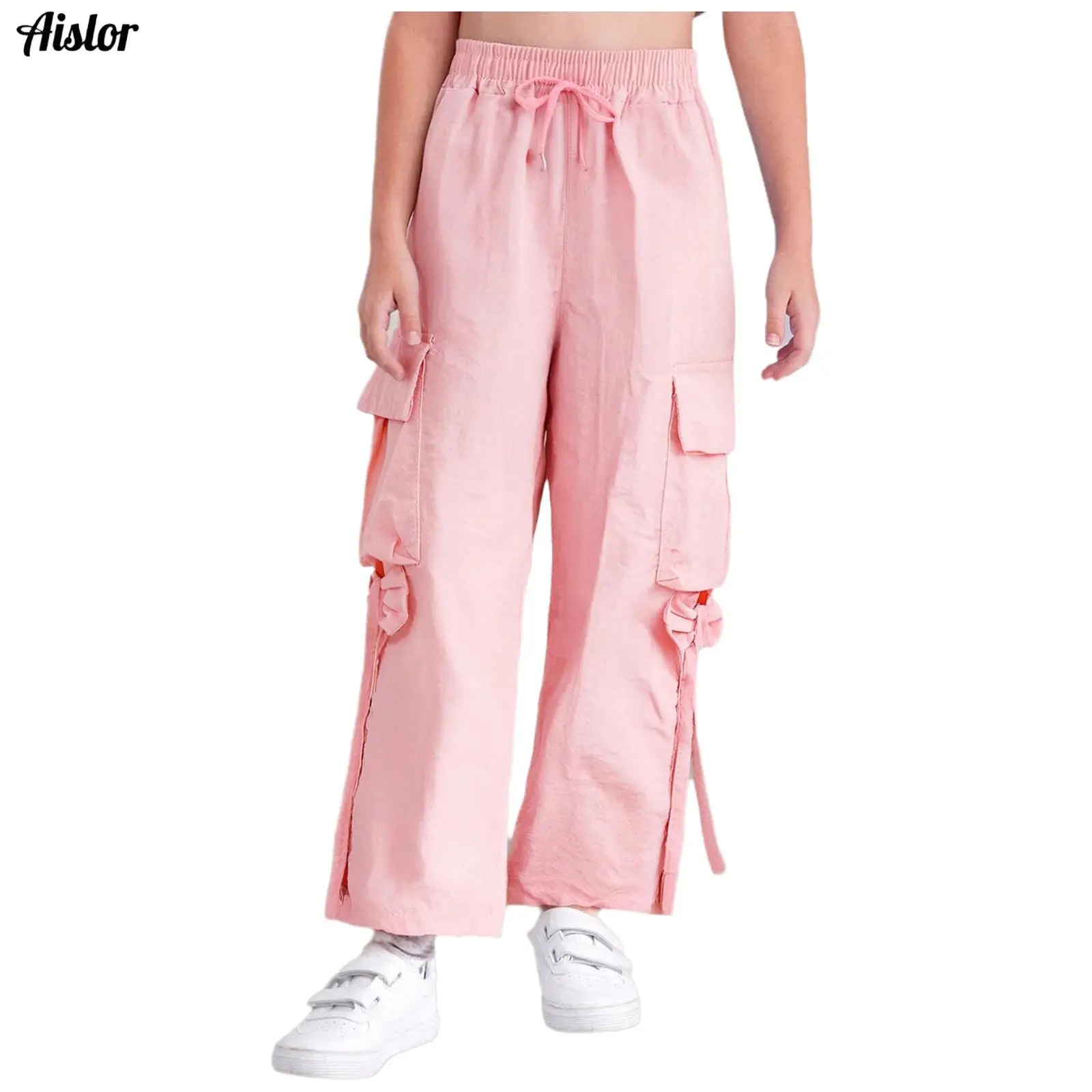 

Kids Girls Cargo Pants Cute Bowknot Elastic Waistband Wide-Leg Trousers with Pockets for Skateboarding Holiday Casual Clothing