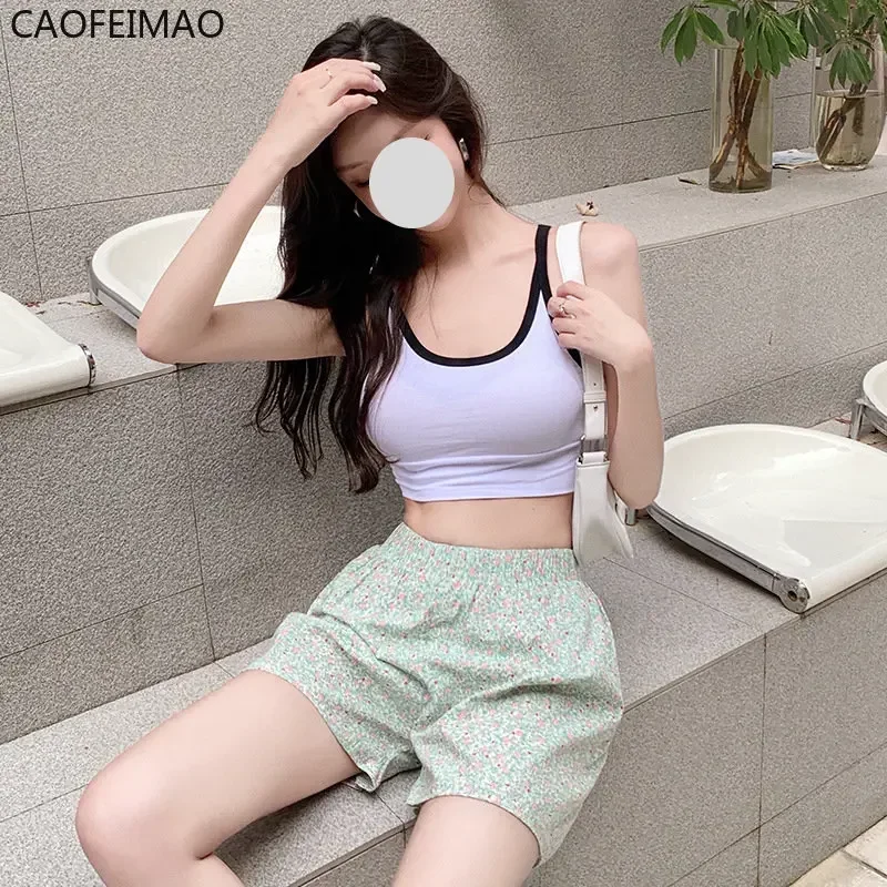 Caofeimao Summer 2025 Home Plaid Shorts Floral Pants Sports High Waist Slim Wide-leg Pants Loose Casual Pajamas Women
