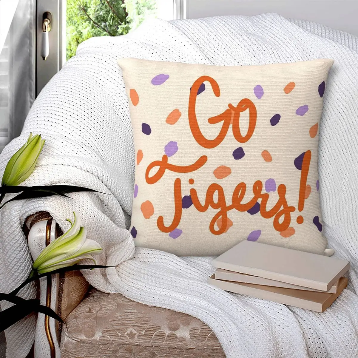 Go Tigers Dots Orange And Purple Square Pillowcase Pillow Cover Cushion Zip Decorative Comfort Throw Pillow for Home Bedroom