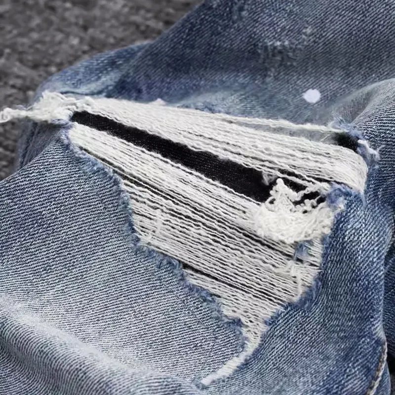 High Street Fashion Men Jeans Retro Blue Stretch Slim Fit Ripped Jeans Men Printed Designer Painted Hip Hop Denim Pants Hombre