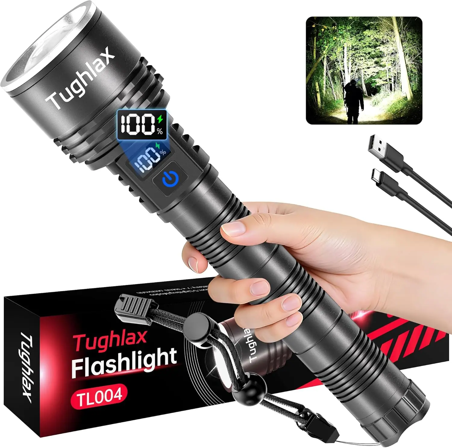 

Super Bright 90,000 Lumens Rechargeable LED Flashlight with LCD Display, 5 Modes Zoomable Waterproof Tactical Light