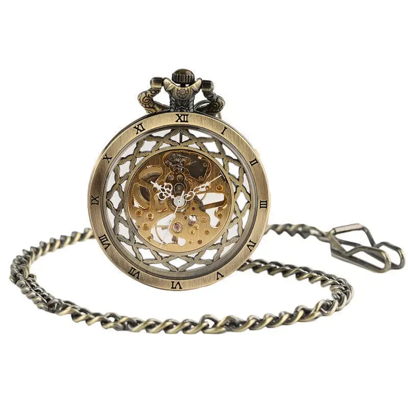 New Arrival Steampunk Open Face Bronze Tone Case Analog Roman Number Mechanical Hand-winding Windup Pocket Watch w/ FOB Chain