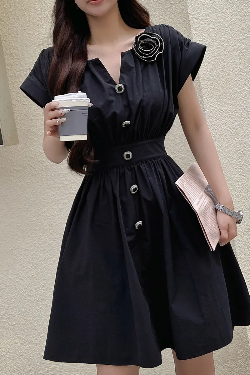 

Summer Solid Dress Women's Dress Tree Dimensional Decoration Dress Knee-Length Skirt Y2K 2025 New DABUWAWA DA1BDR013