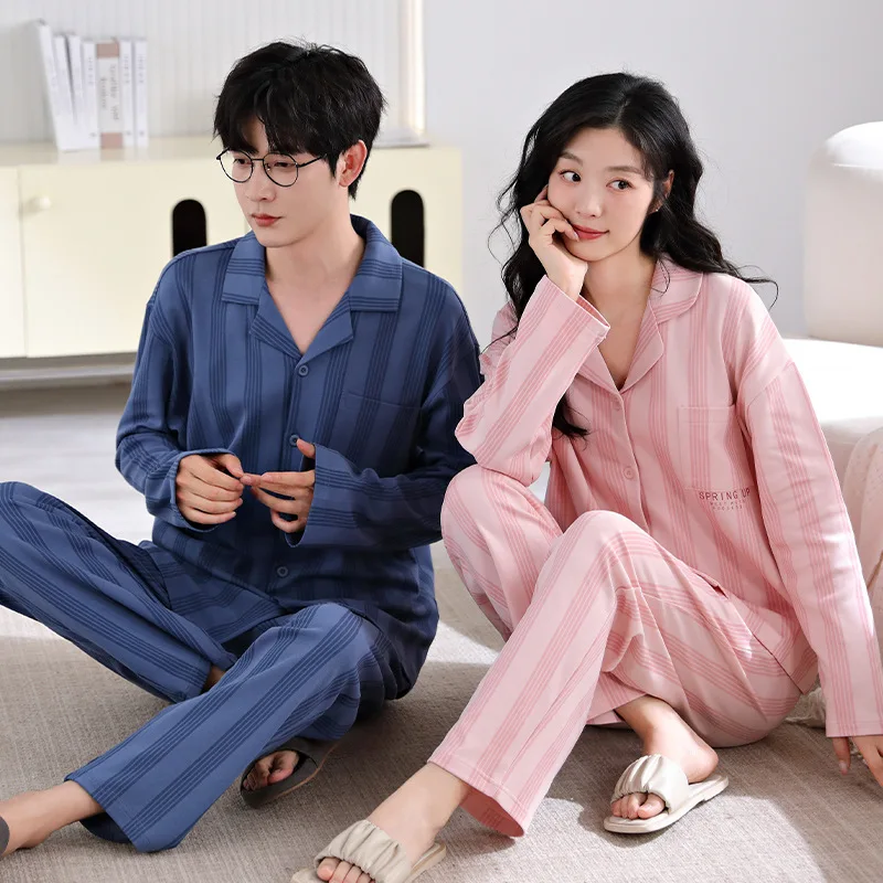 

Women and Men Matching Cotton Nightwear Couples Autumn Cardigan Home Clothes Big Size M-4XL Pijamas Set Korean Pyjamas Dropship