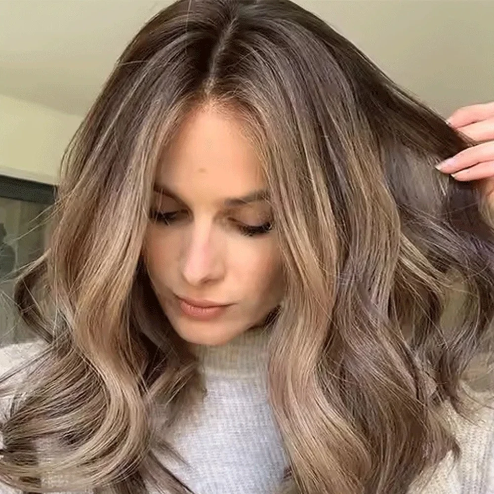 

Брюнетка Коричневый Мелирование Бесклеевой парик Смесь человеческих волос Парики спереди на шнуровке Премиум Термобезопасный синтетический волокно Свободный парик с глубокими волнами