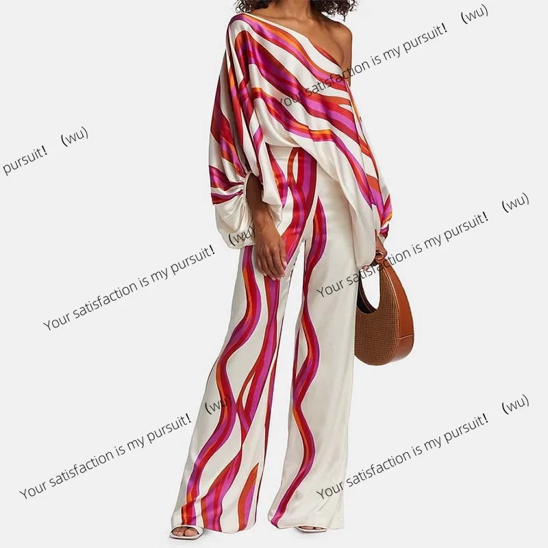 

New spring women's suit, print, crew neck, loose, bat wing sleeves, waist, wide leg pants, fashion suit