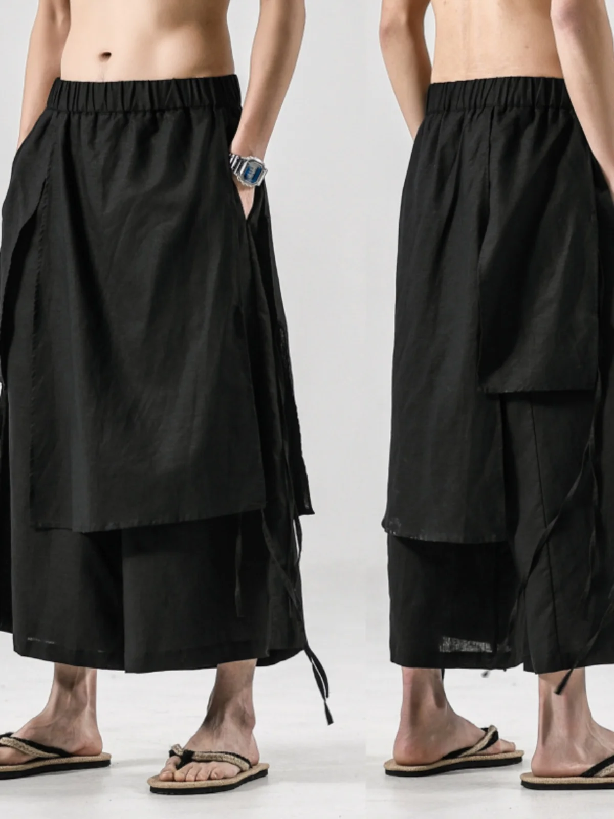 

Мужские льняные брюки-юбка Hanu Sle в винтажном китайском стиле, свободного кроя, летние, повседневные, прямые, укороченные (до щиколотки)