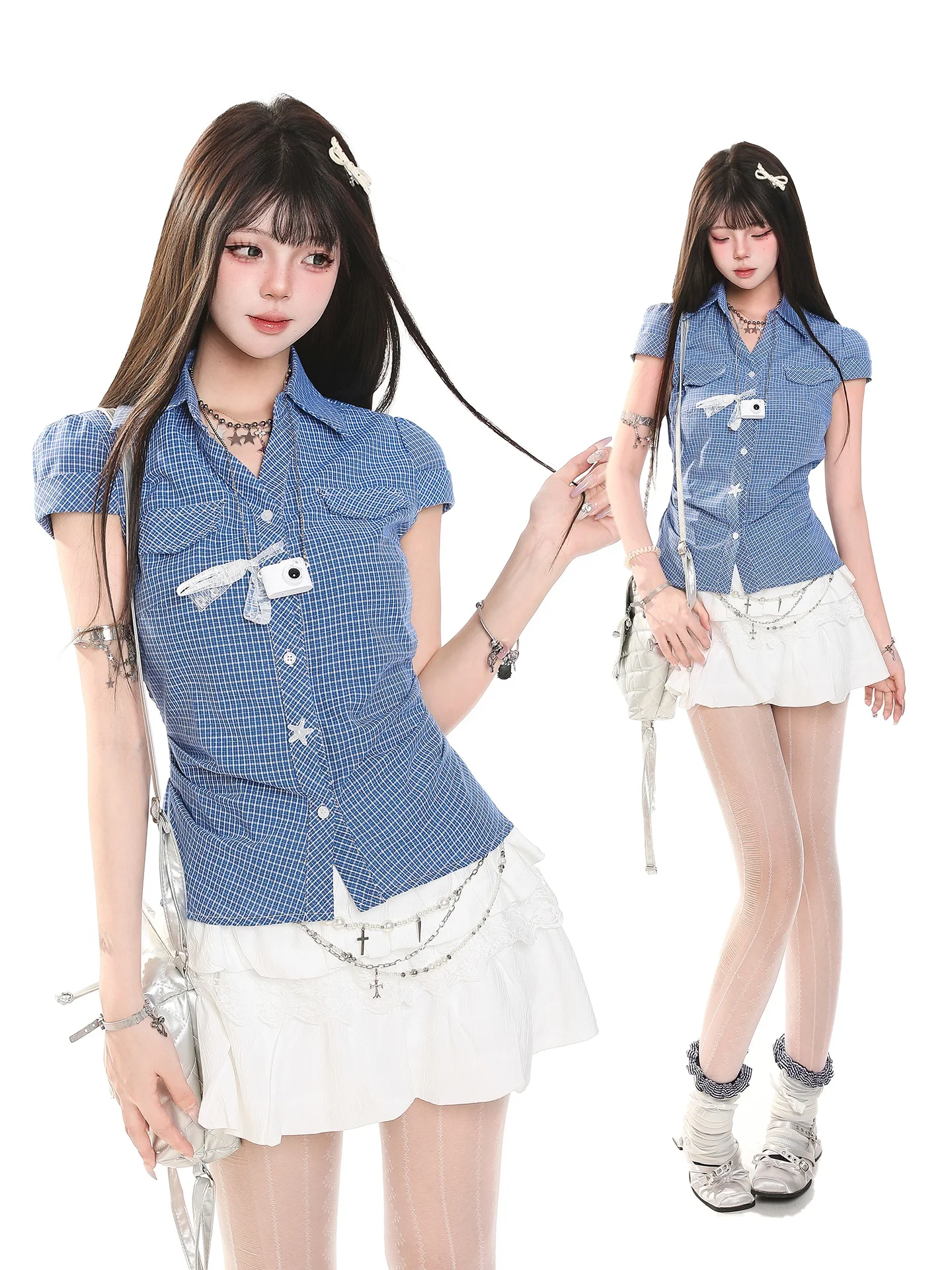 

Женская рубашка с коротким рукавом в повседневном стиле, приталенная, с завышенной талией, в корейском стиле, летний топ больших размеров, стандартная длина