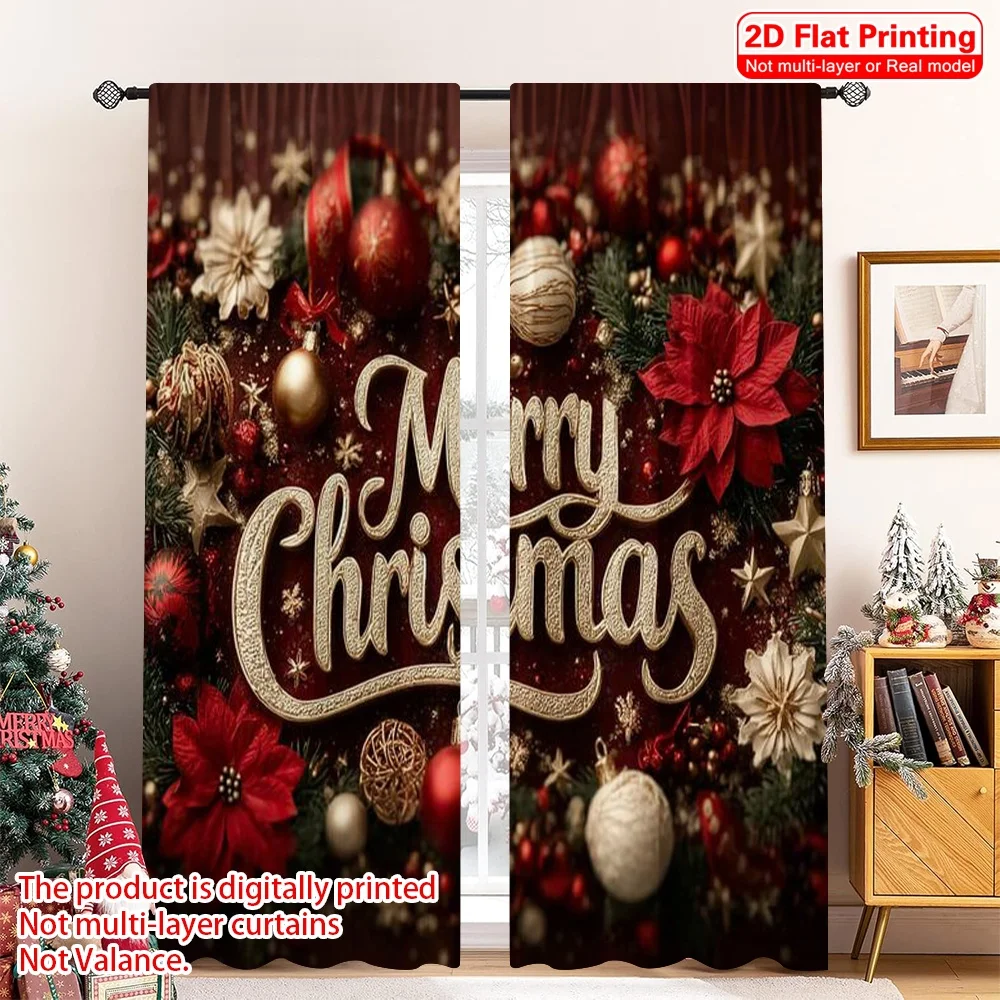 

2pcs 2D flat printing Christmas Scene Curtain red Christmas 100% Polyester Without Electricity Versatile Perfect for