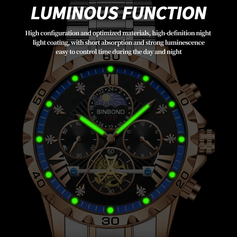 BINBOND Luxury Watch for Man Quartz Sports Men Watch Waterproof Luminous Stainless Steel Chronograph Men\'s Watches Clock Reloj