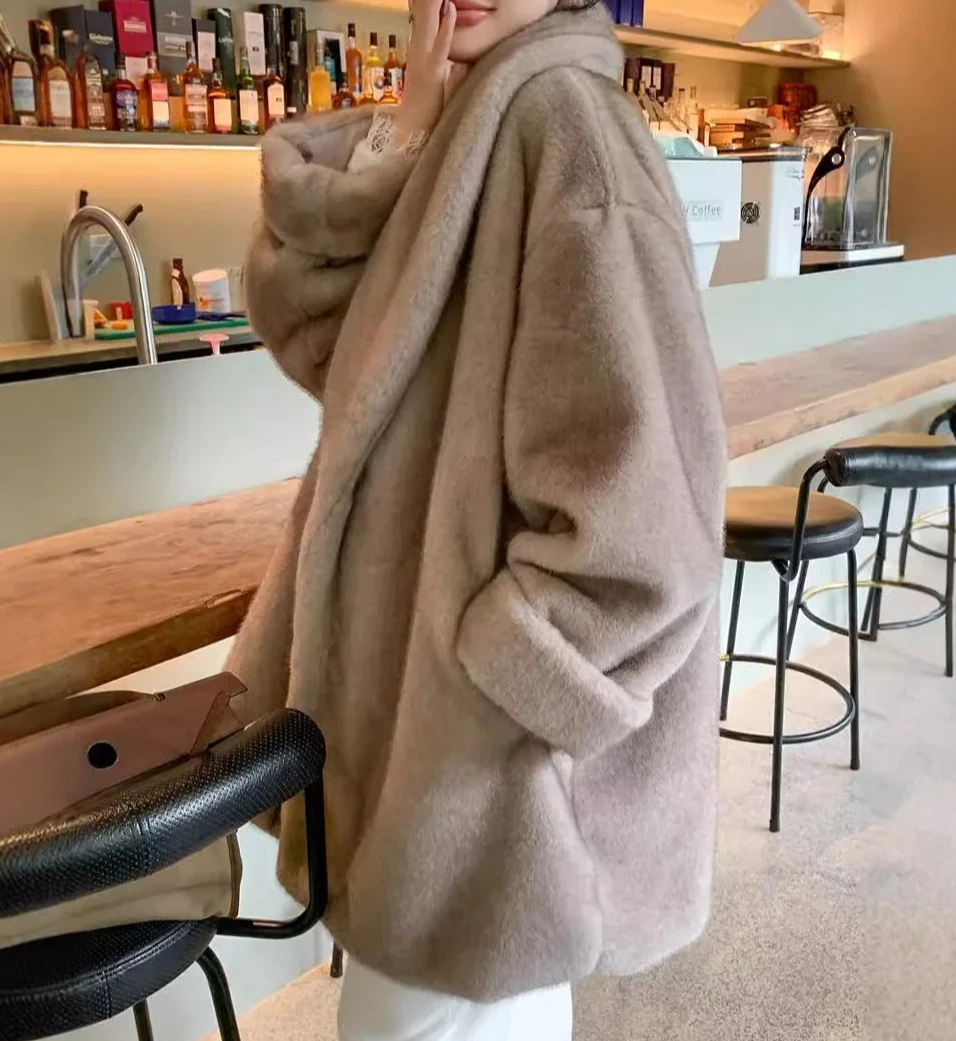 Herbst Winter 2025, Damen-Kunstpelzmäntel, solide Mäntel, Umlegekragen, volle Ärmel, offener Stich, dick, locker, lässig