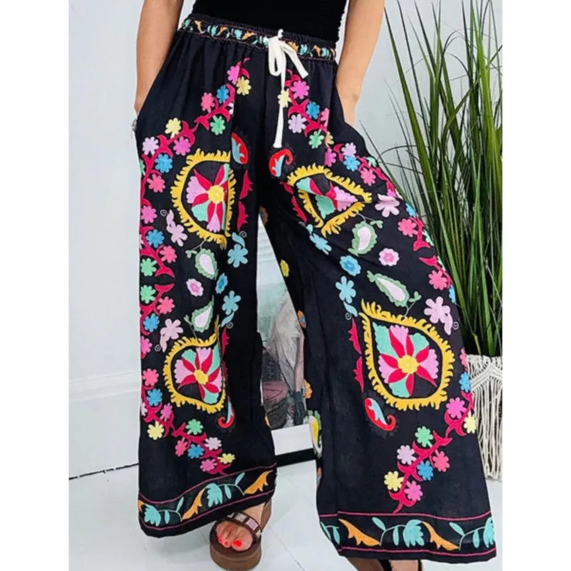 2025 แฟชั่นผู้หญิง Drawstring กางเกงขากว้างฤดูใบไม้ผลิฤดูร้อนหญิงพิมพ์ Patchwork Elegant กางเกงหลวม Fit Lady กางเกง