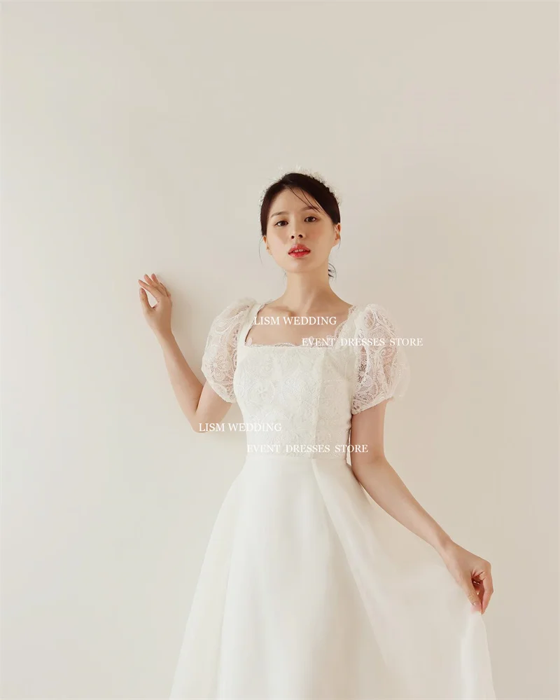 LISM Elegant A-Line Korea Wedding Dresses Photo Shoot Lace Square Collar Tulle Floor Length Corset Back Bridal Gowns Custom