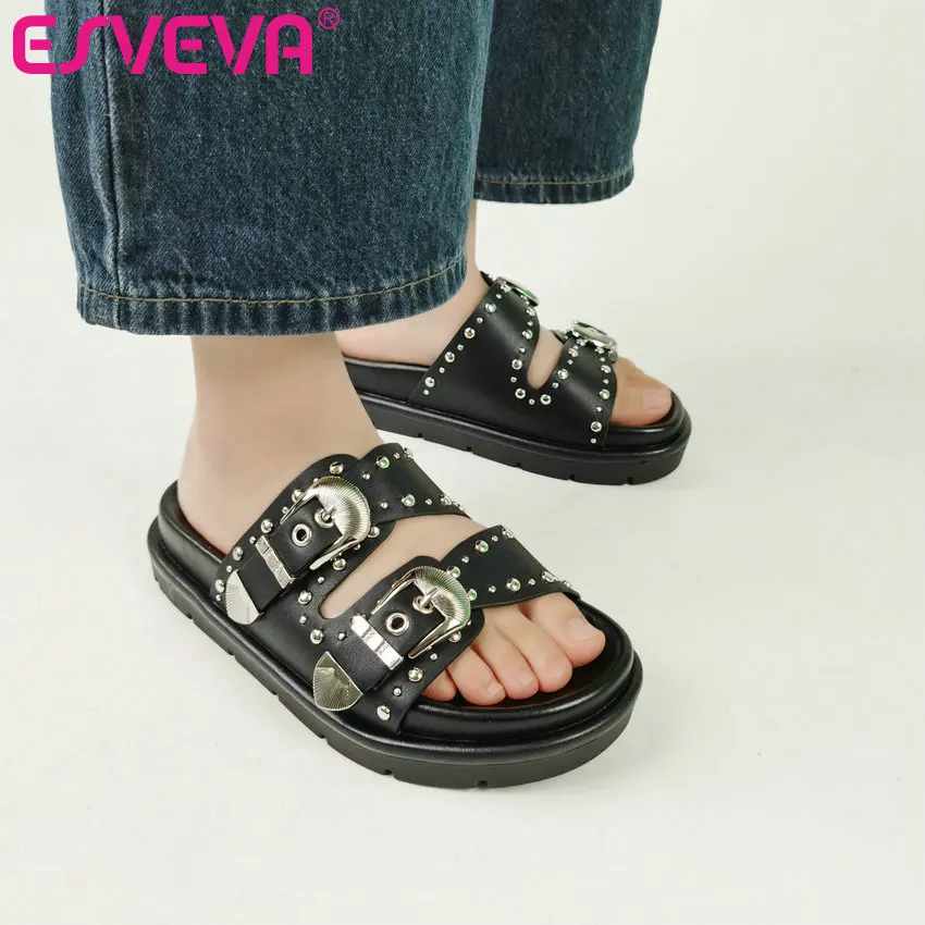 

ESVEVA 2023 Women Sandals Shoes Fashion Genuine Leather Low Heels Slingback Platform Woman Casual Rivet Slippers Size 34-40