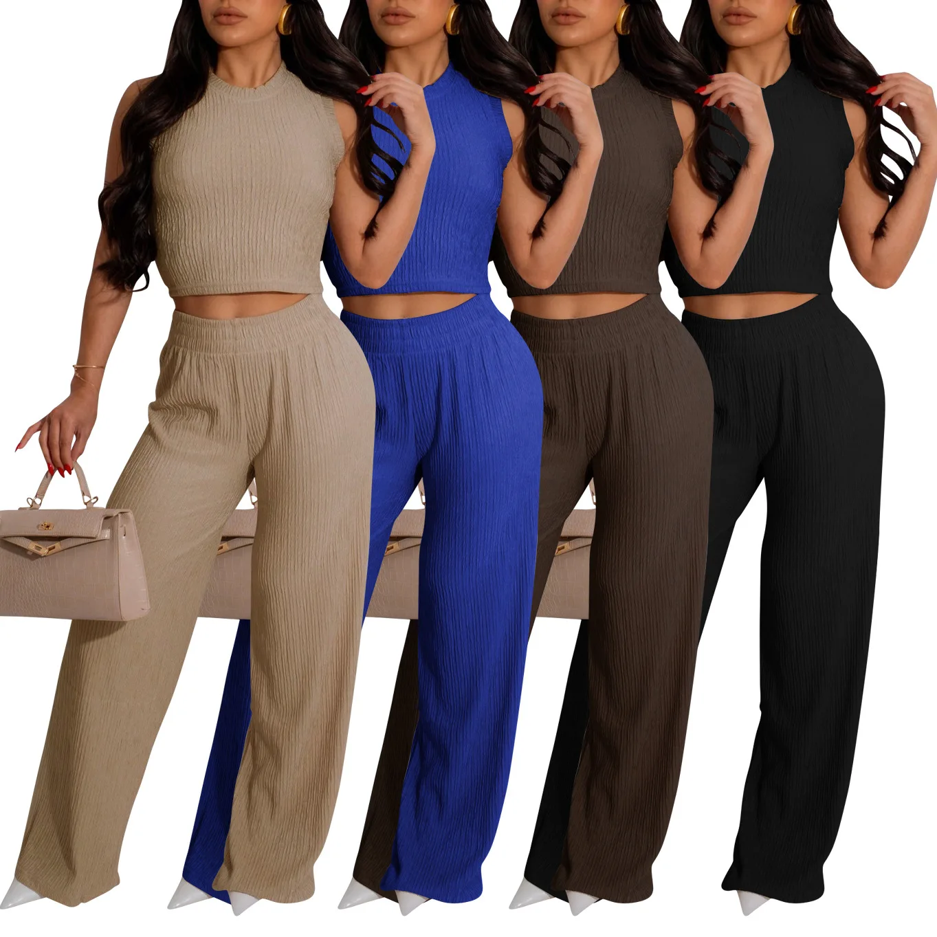 

AL290 women's simple and fashionable vest pleated suit trousers two-piece set with high elasticity in summer