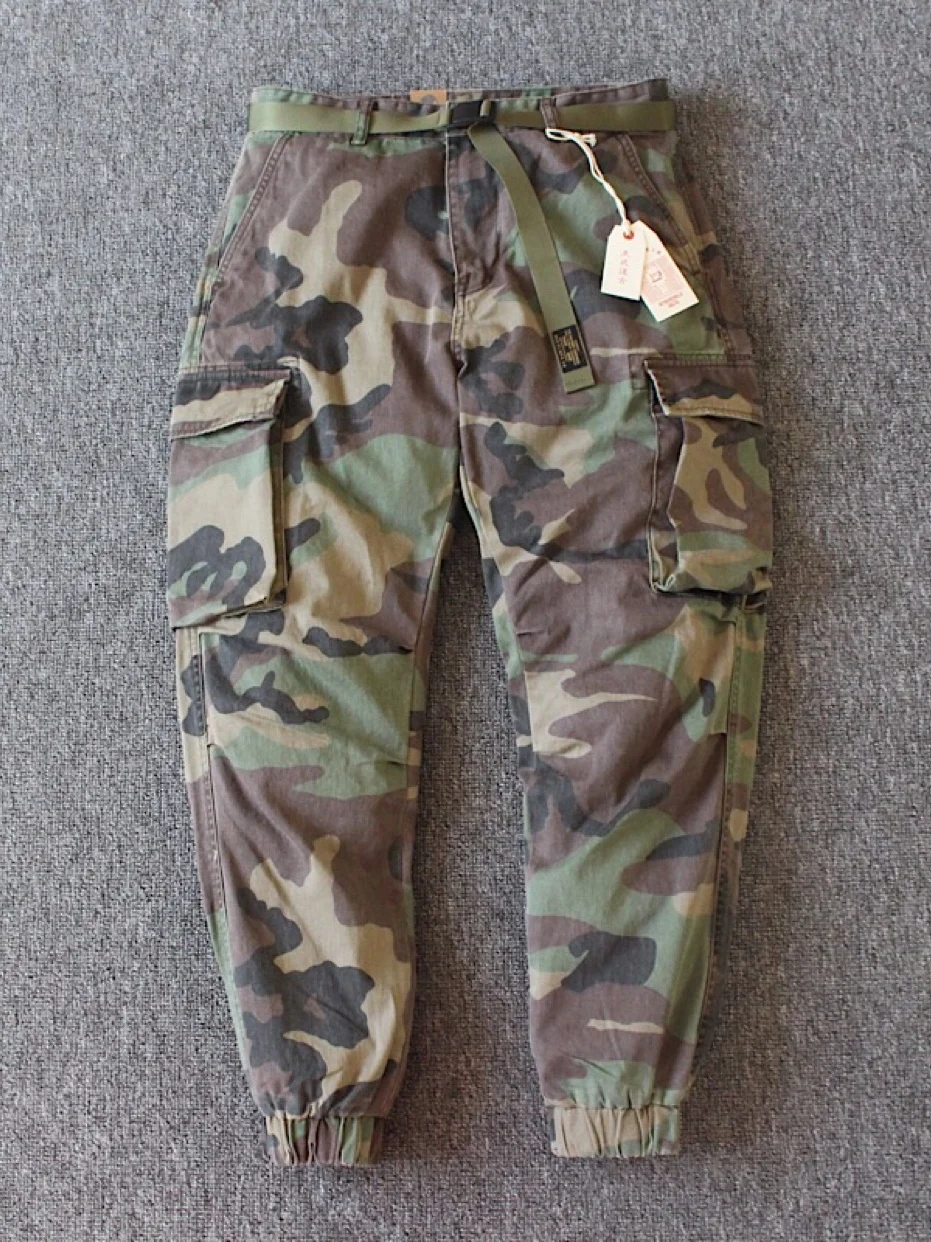 

Retro Camouflage Work Pants Loose Straight Leg Trousers for Men Khaki Multi-ket Trendy Brand Loose Cuffed Long Trousers