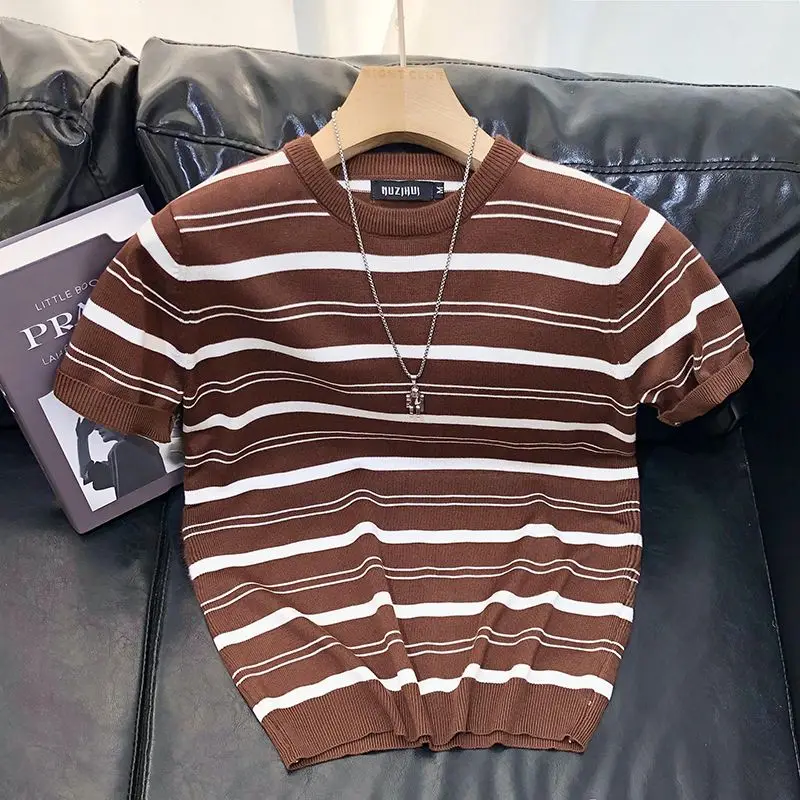 Summer New Striped Fashion Youth Men's Short Sleeved T-shirt Panelled Round Neck Thin Patchwork Loose Versatile Casual Knit Top