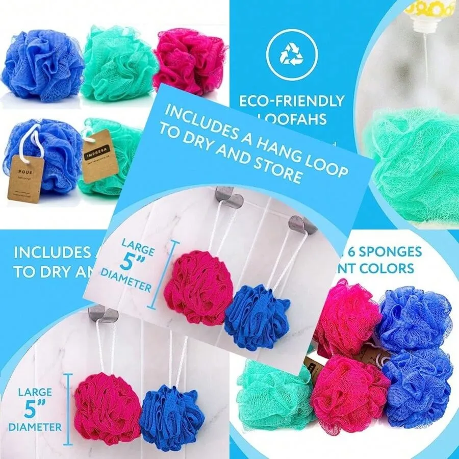 

IMPRESA Mesh Bath And Shower Loofah Sponges - 5-Inch - Pack Of 6 Gentle Exfoliating Body Scrubber And Bath Pouf - Home And Trav