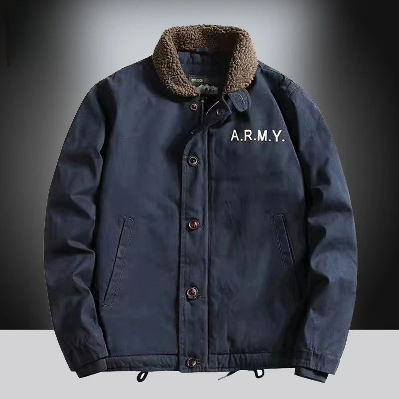 

Winter New Lamb Wool Cotton-padded Clothes With Fleece And Thickened Tooling Navy Deck Clothes Middle-aged Retro Jacket Men