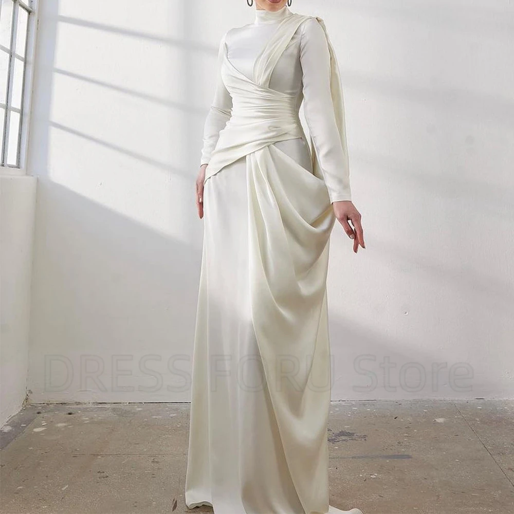 Classic Muslim Evening Dress High Neck and Long Sleeves with Pleat Floor Length vestidos de fiesta elegantes para mujer2024