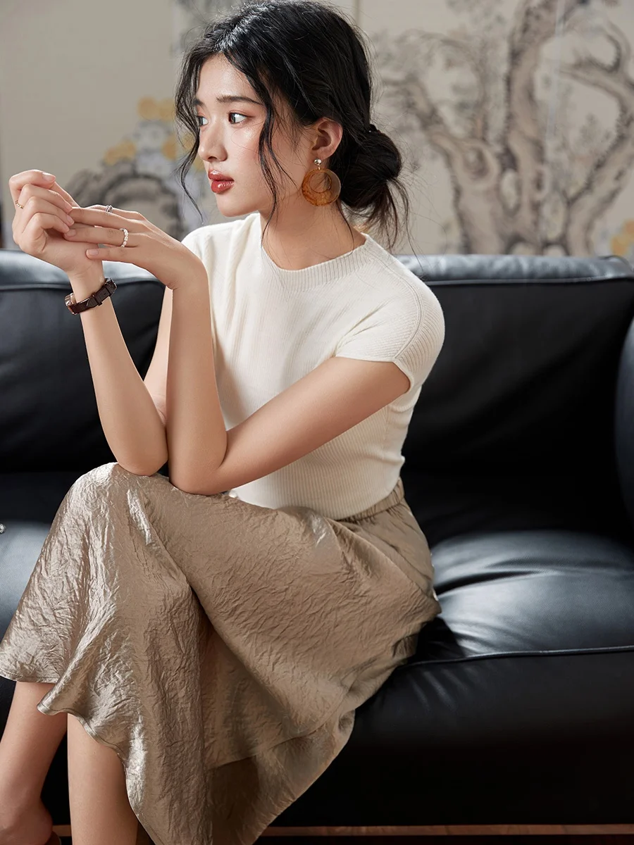 

Kiki mat Sle Knitted ort Sve Top High Ne Texture Slimming Yangzhou Wool T-irt Summer Commute Faion Pure C...