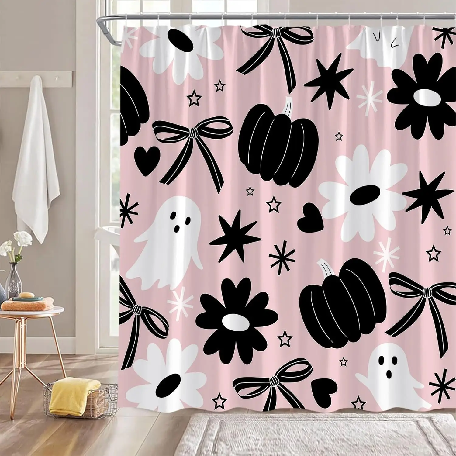 

Занавеска для душа на Хэллоуин, мультяшный призрак, милый бант, готическая тыква, бохо, цветочный, забавный, жуткий фестиваль, декор для ванной комнаты