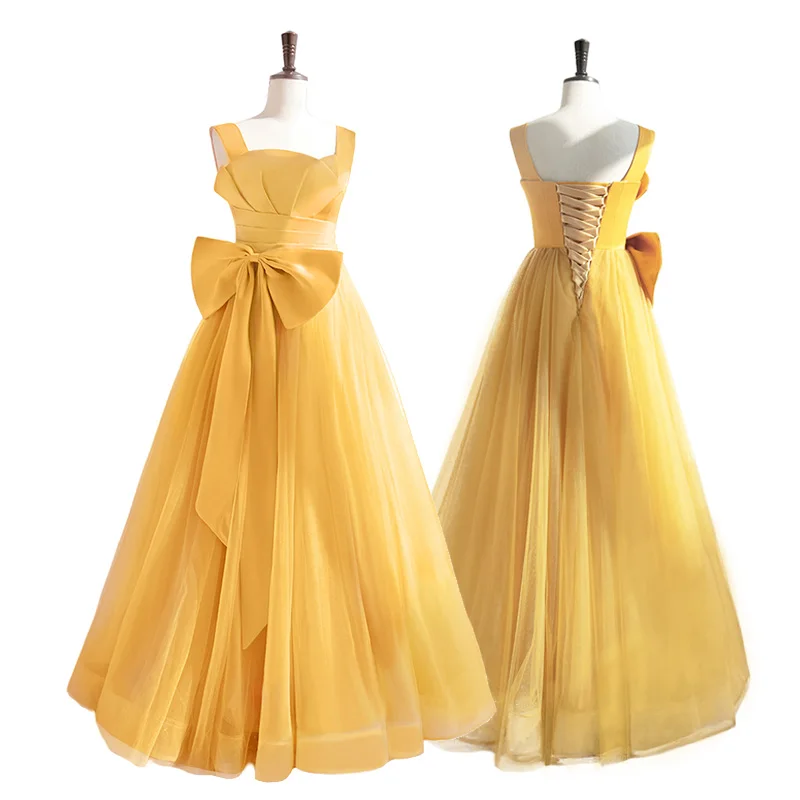 Gold A-line Satin Tulle Floor Length Bridesmaid Dress Lace up Back with Bow Custom-made Formal Party Dress for Women