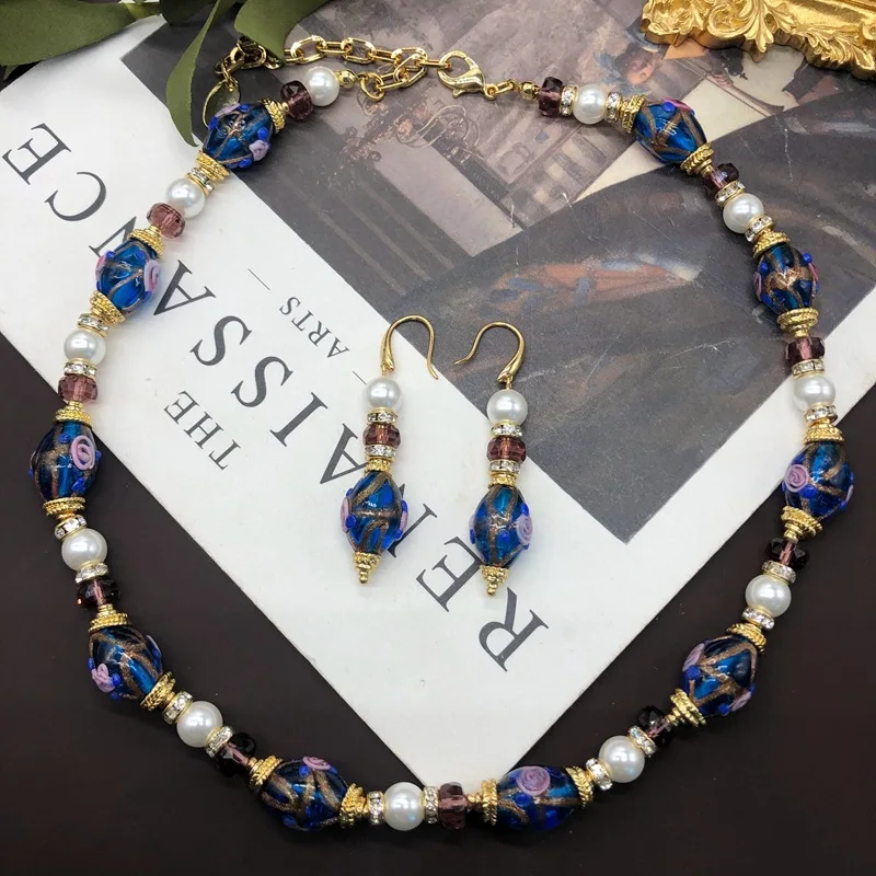 

Retro Acrylic Pearl Color Printed Coloured Glaze Beads Strand Necklace Ear Hook Earrings National Design Elegant Temperament Set