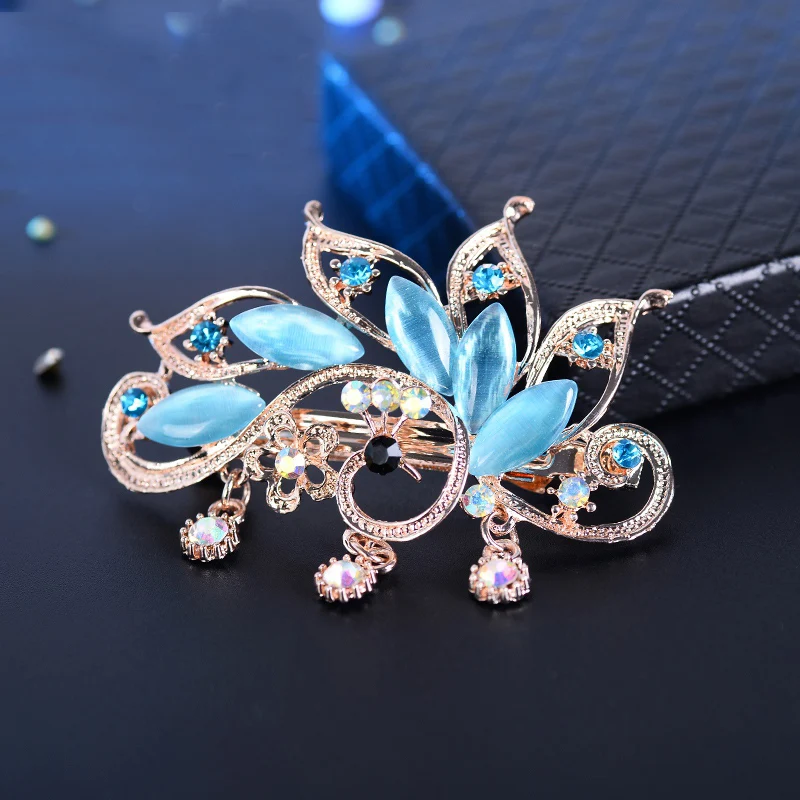 EASYA Pretty Big Rhinestone Peacock Hair Barrettes Ornaments Jewelry Fashion Crystal Metal Hairpin Hairwear For Women Girls