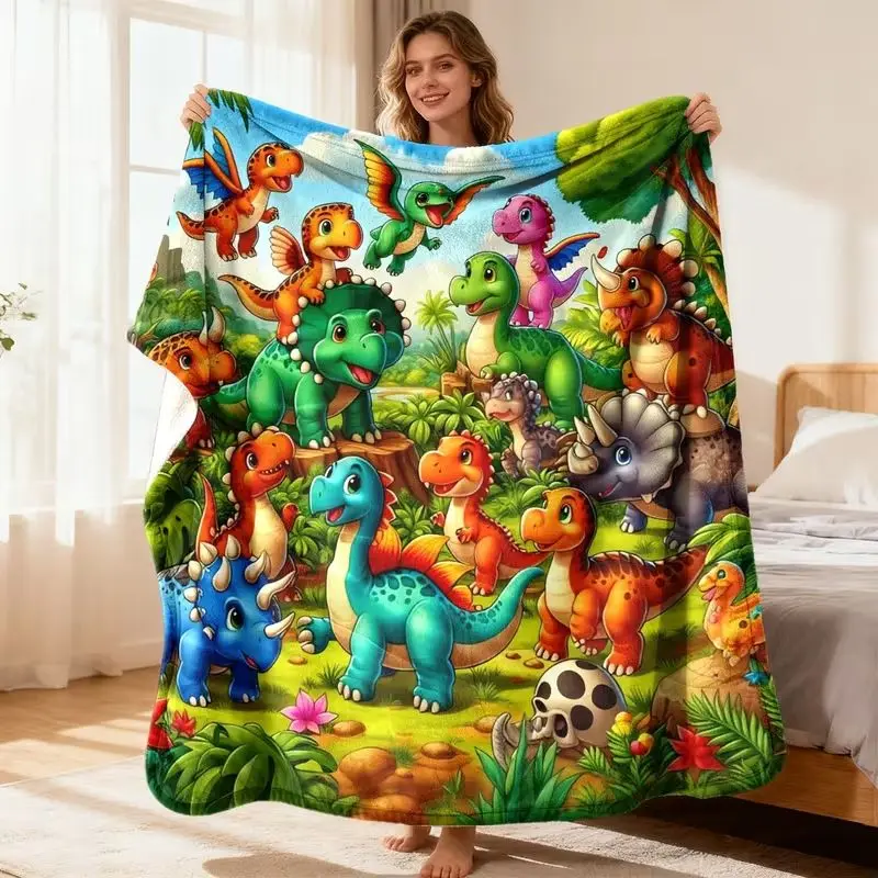 VIKAMA Kids Jungle Dinosaur Throw Blanket Cartoon Multi Dinosaurs Flannel Blanket Birthday Gift for Boys Toddler Home Decor
