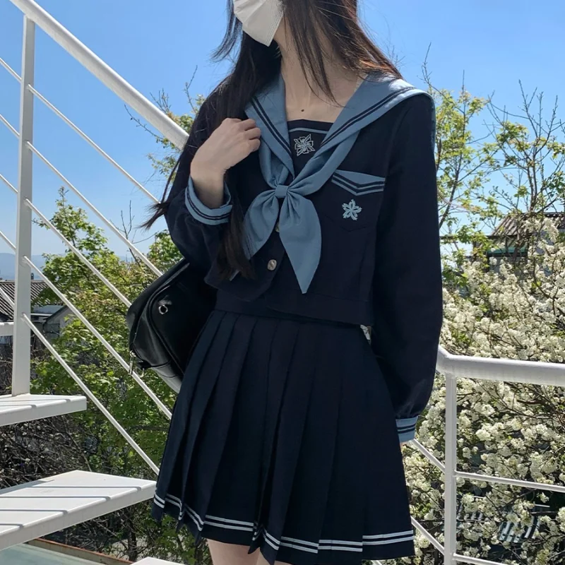 2024 New Japanese Original Sailor Outfits JK Uniform College Style Dark Blue Soft Long Sleeves Top Mini Skirt Basic Set For Girl