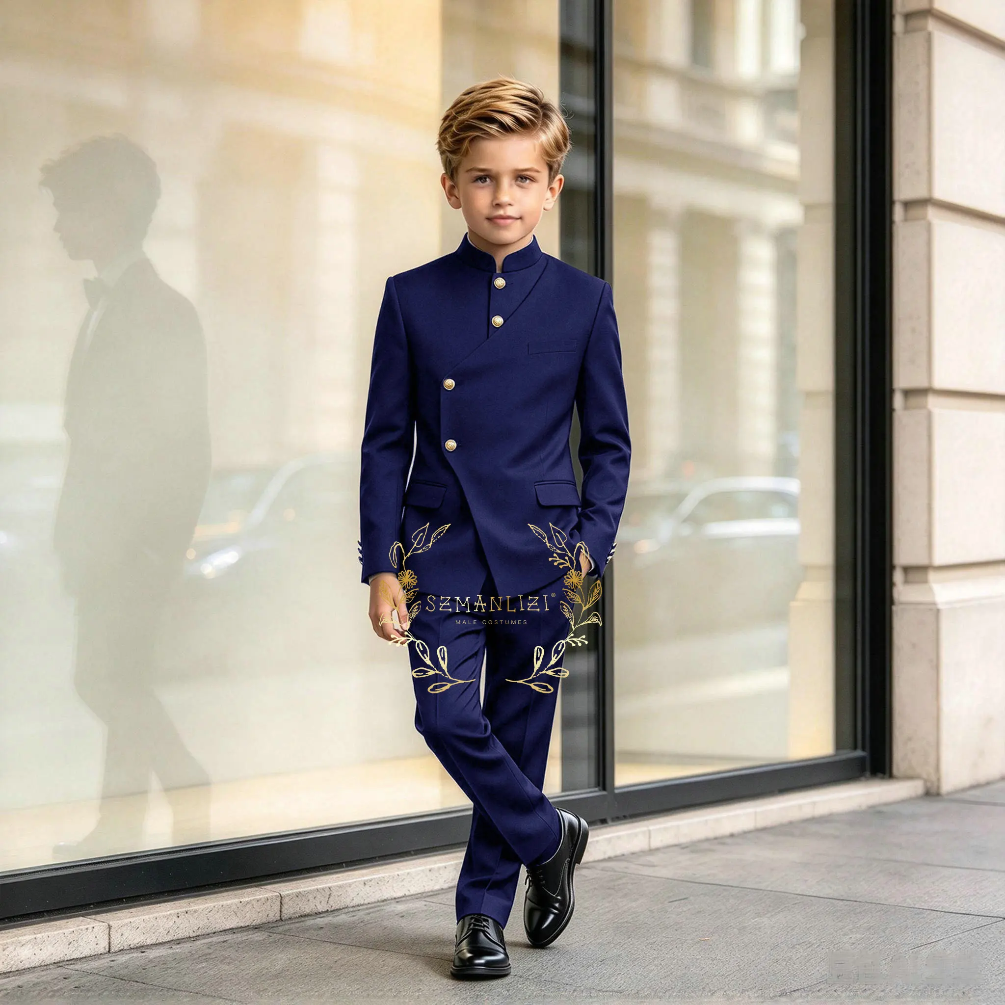 Brown Boy's Stand Collar African Style Elegant Suits For Kids Slim Fit Formal Tuxedos Prom Flower Boy Blazer Costume Homme