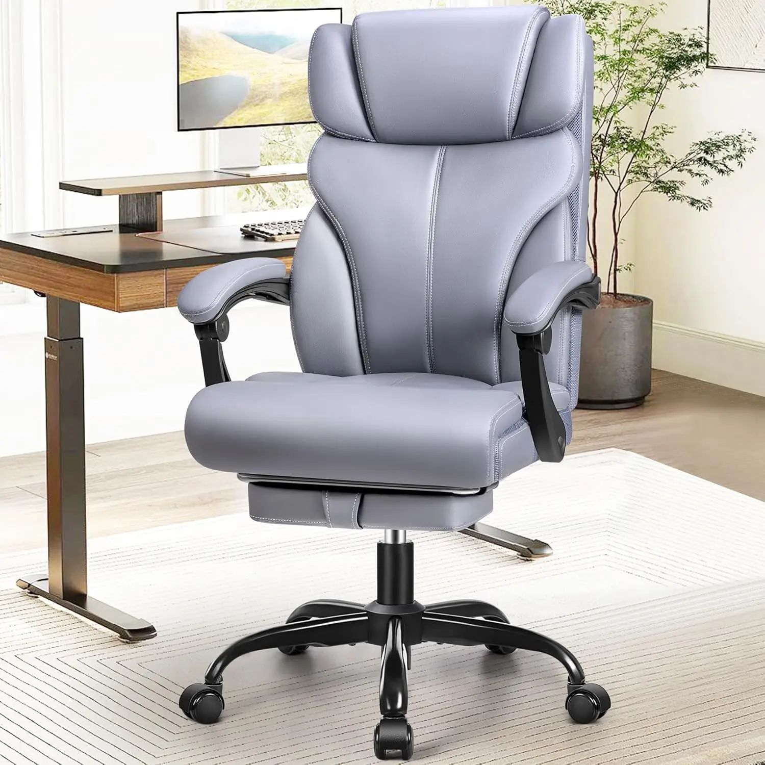 Tall ergonomic computer office chair, rotating roll over lumbar support work chair with adjustable high backrest foot pedals