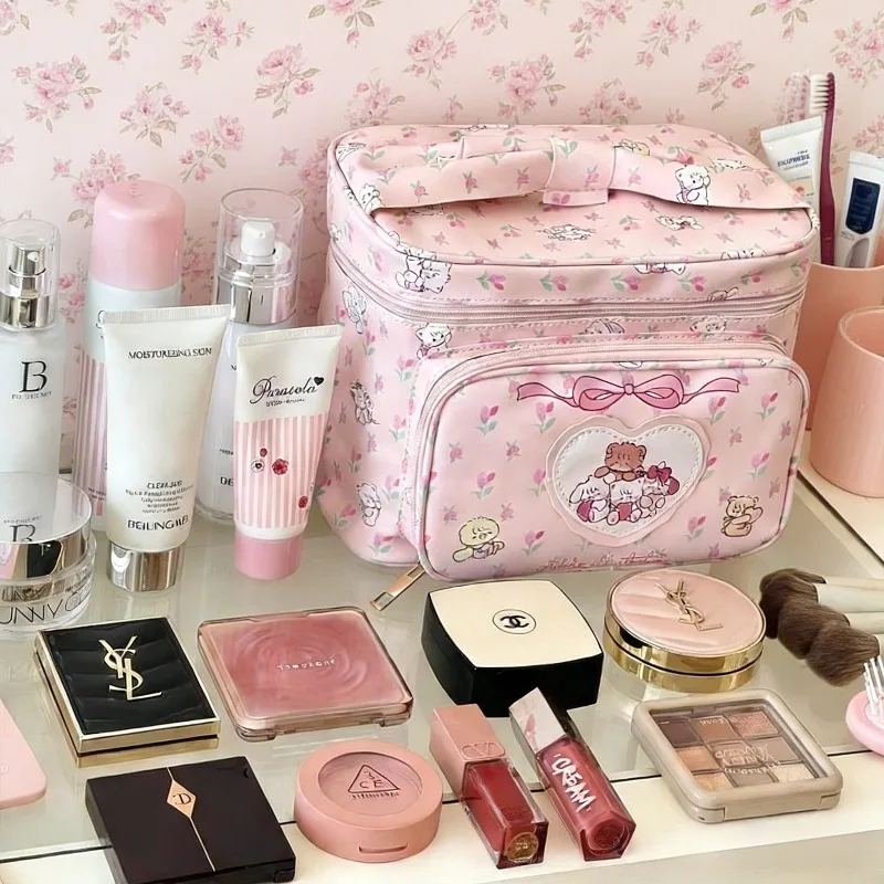 Cute Ladies Waterproof Makeup Bag Large Capacity Portable Travel Tote Multi-Pocket Storage Design Essential Beauty Companion