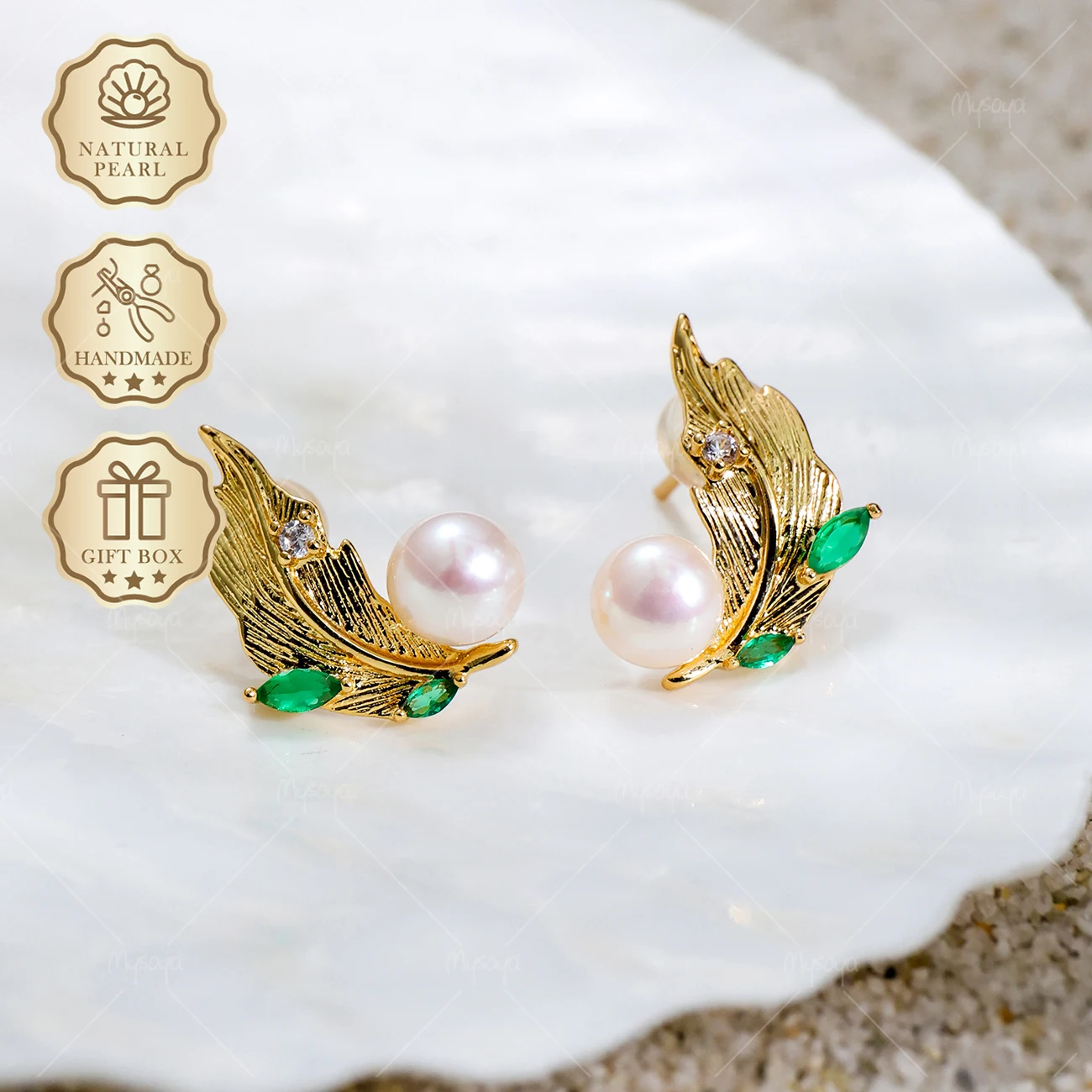 

MYSOYA 6-7mm Gold Leaf CZ Pearl Stud Earrings, Gift Box, Birthday & Mother's Day Jewelry S409