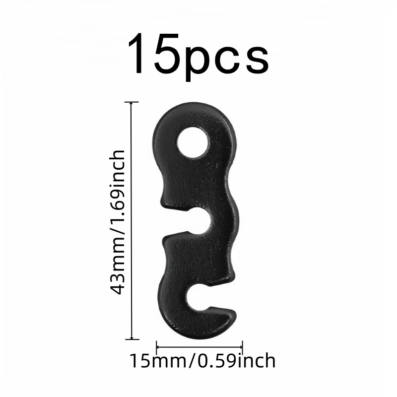 15Pcs Adjustable S-shaped Guyline Tensioner with 3-hole design, fits tent, awning & decor, stabilizes camping gears